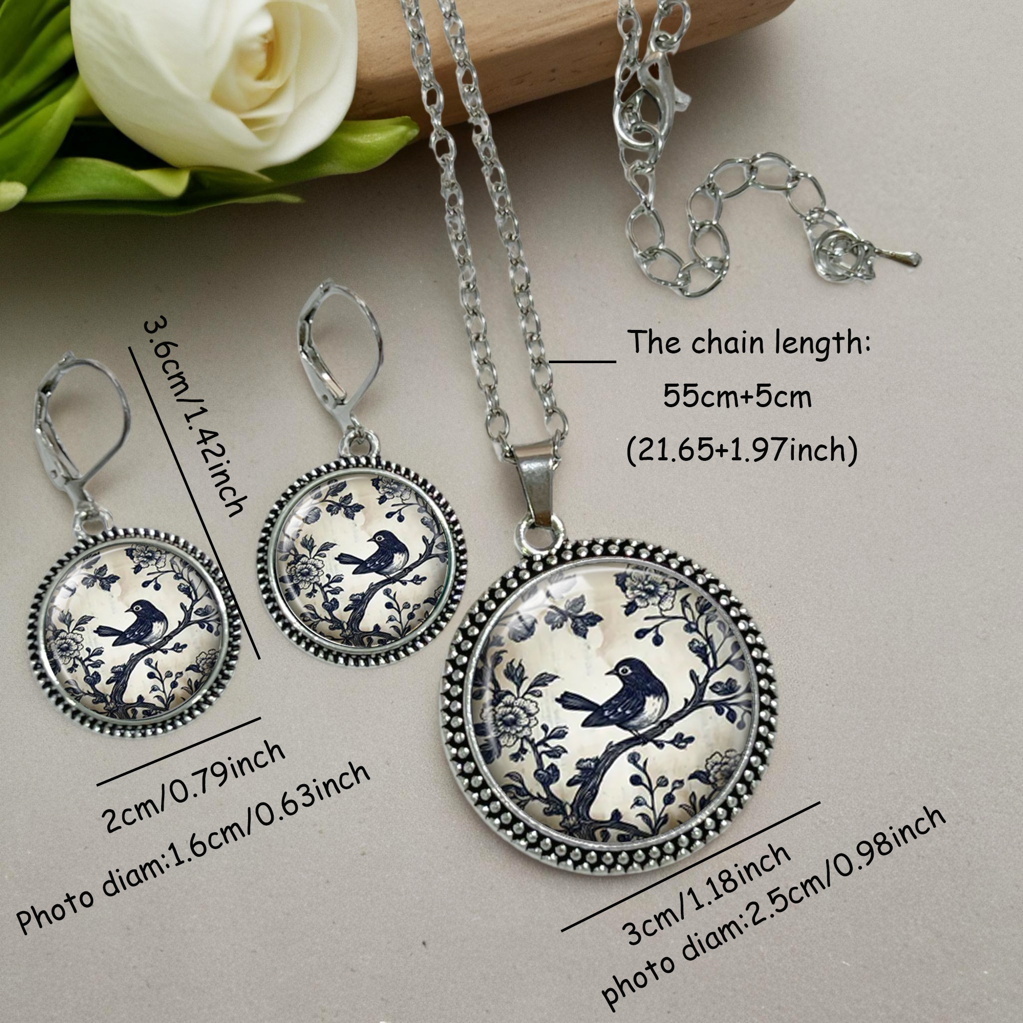 3pc Vintage Bird & Floral Necklace & Earrings Set