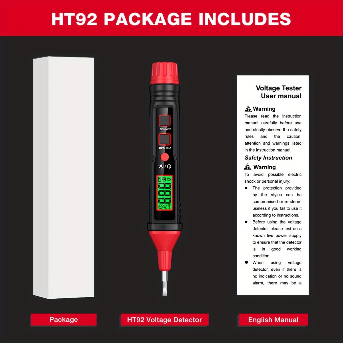HT92 Voltage Tester, Contact Voltage Tester, Dual Range AC/DC 12V-300V, Electrical Tester With LCD Display, Buzzer Alarm, Wire Breakpoint Finder details 7