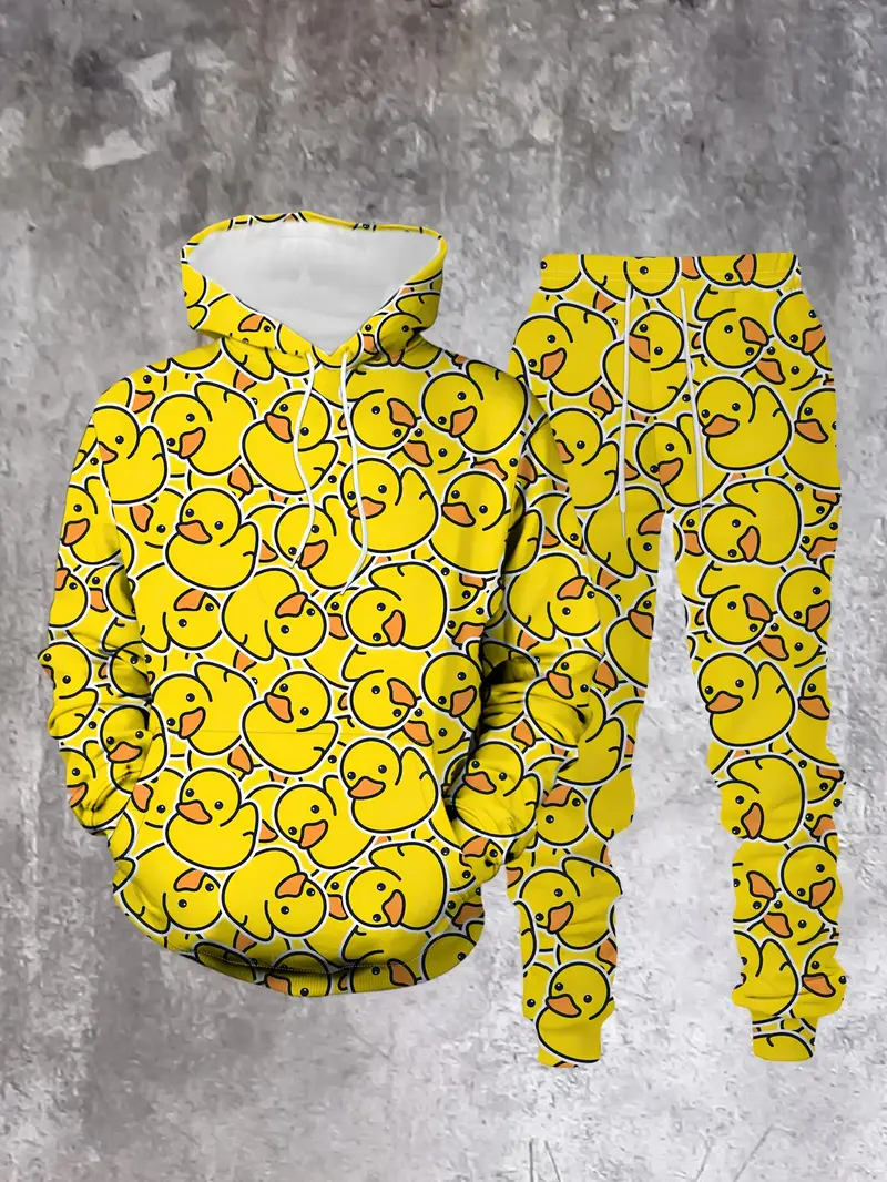 men' printed yellow duck hooded sweatshirt set casual Temu Nigeria