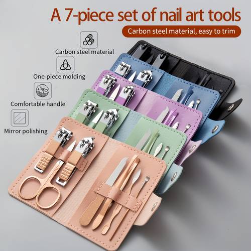 7 in 1 portable travel box series nail care kit stainless steel cuticle scissors nail file and nail tools precision trimming suitable for hand and face care essential kit for travel manicure and pedicure