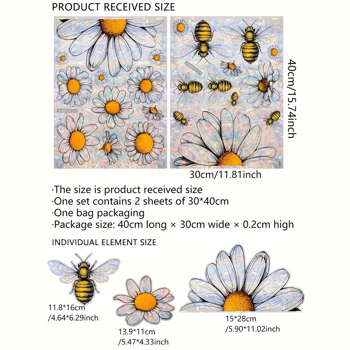 E-shop Ein Set aus 2 Blättern (30*40Cm*2Stk) Bezauberndes Sonnenlicht Elektrostatischer Aufkleber 20 Blumenmuster Gänseblümchen Biene Doppelseitig