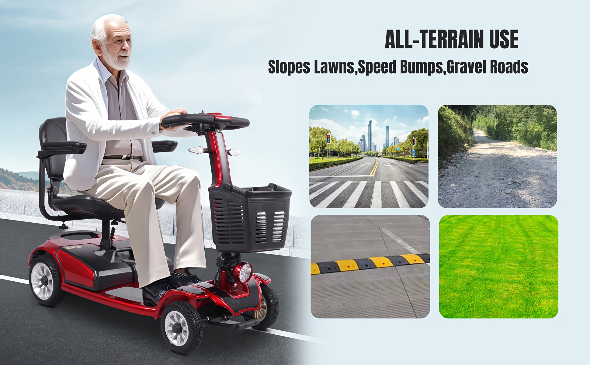 foldable four wheel mobility scooter for transporting adults and elderly electric scooter with removable battery 360 swivel seat front and back   lights tools free assemble 8 inch 9 inch solid tires electric mobility aid for senior gift Product details 9