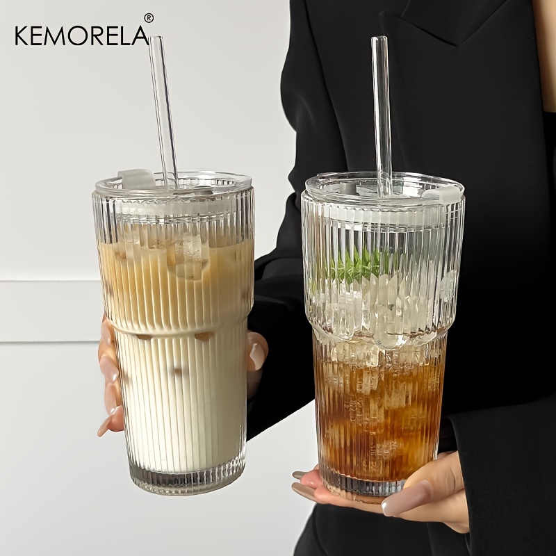 TEMU Kemorela Striped Glass Cup With Lid - Large Capacity, Reusable For Cold Drinks, Juice & Coffee - Ideal For Home, Office, And Holiday Gatherings