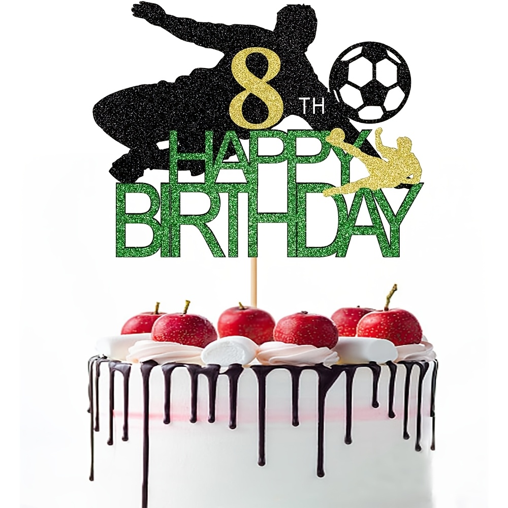 1 Glittery Soccer-themed Cake Topper For Celebrating An 8th Birthday, Featuring Soccer Players And Perfect For Party Decorations