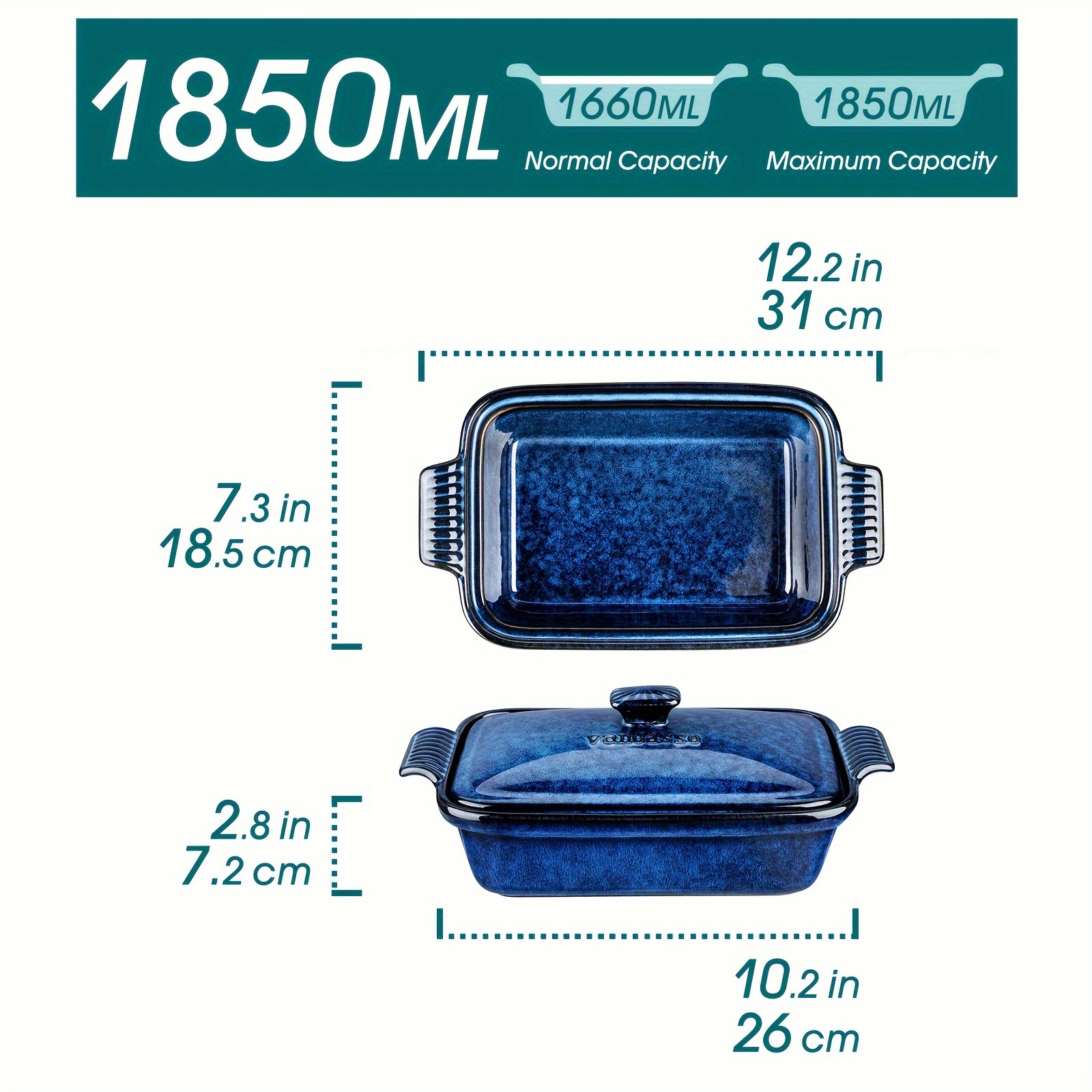 TEMU 2pcs Casseroles en Grès Bleu avec Couvercle Rectangle 3350ml/ 1850ml