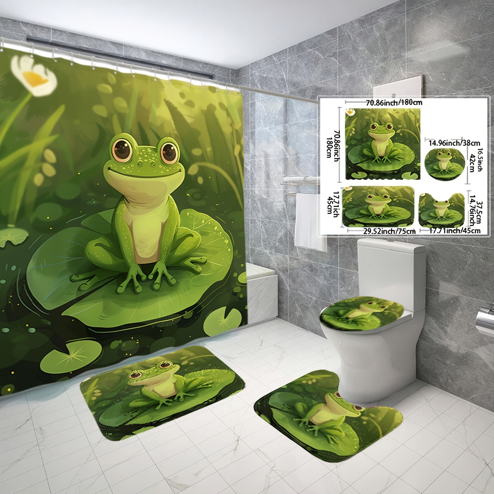 

1/3/4pcs Frog On Lotus Leaf Pattern Waterproof Polyester Fabric, Showercutainsfor Walkinshowers With 12 Hooks, Bathroom Non-slip Floor Mats, Toilet Lid Mats And U-shaped Mats