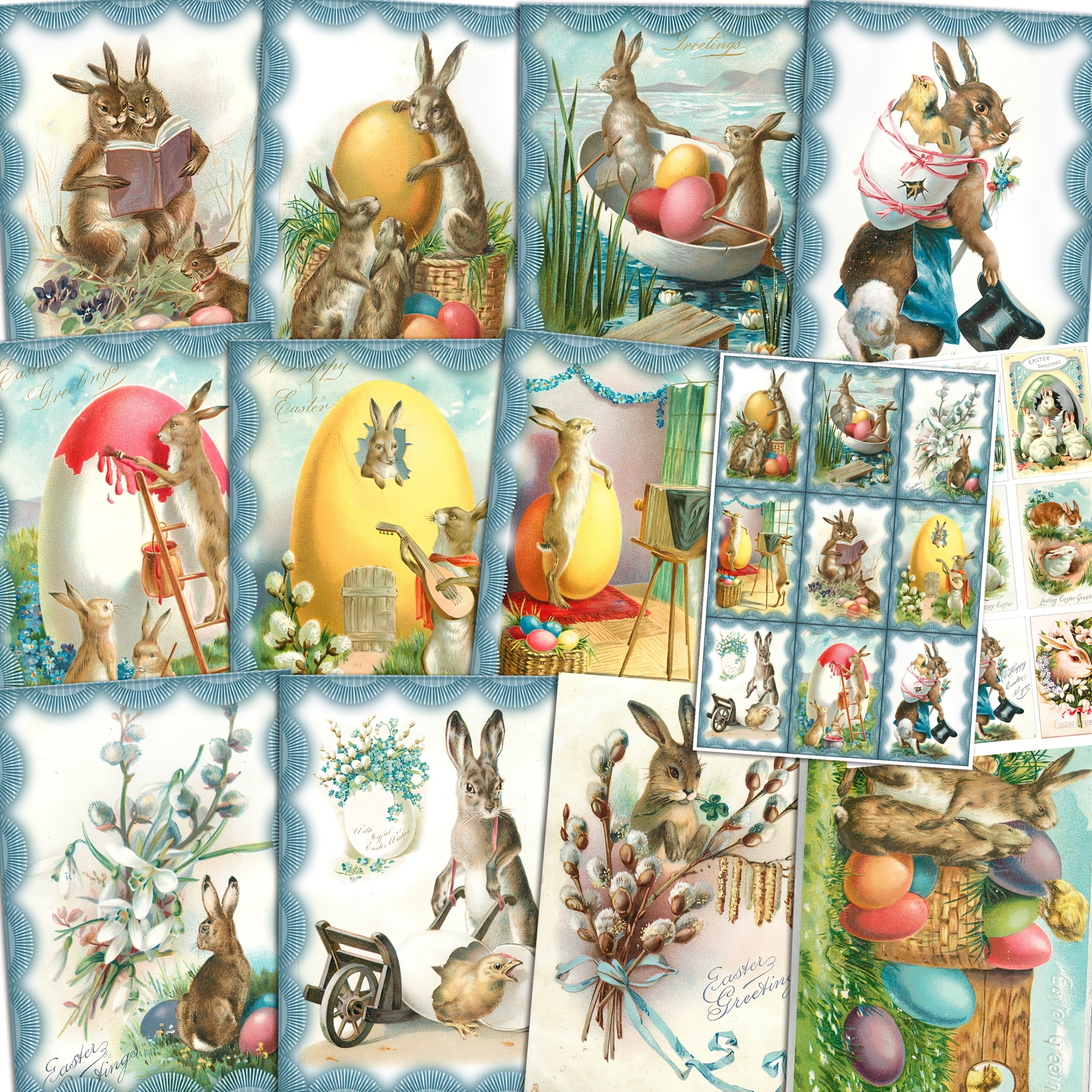 

52pcs Jai Iman Easter Bunny Adventure Postcard Set With Envelopes & Stickers - Vintage Rabbit Designs For Scrapbooking, Crafts, And Cards