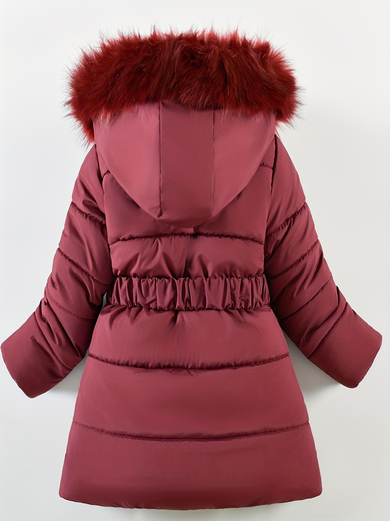 Winter Girls' -Padded Hooded Coat | Warm, Solid Color with Fur Collar, Zipper Closure, Belted Detail, Midi Length, Long Sleeves, Thick 10 Winter Girls' -Padded Hooded Coat | Warm, Solid Color with Fur Collar, Zipper Closure, Belted Detail, Midi Length, Long Sleeves, Thick - Image 10