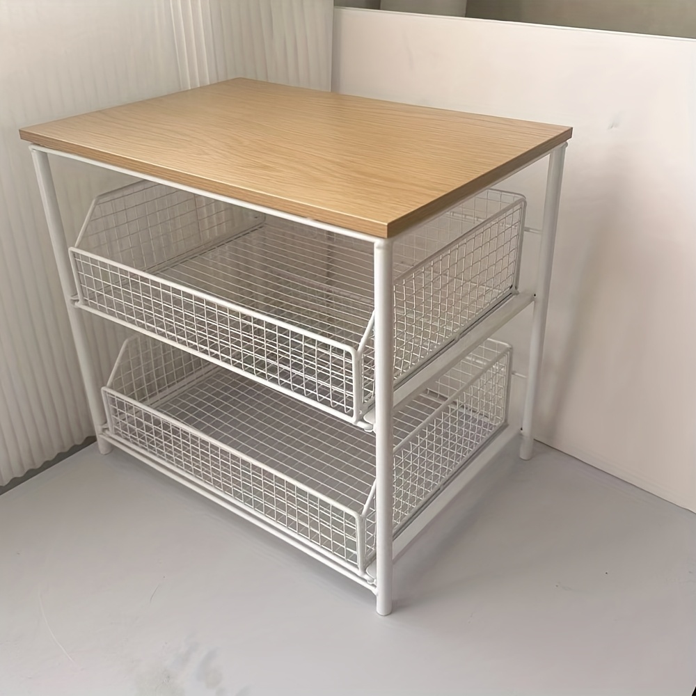 TEMU 1pc Organizador de Encimera de Cocina Ahorrador de con Cajón y Cesta de Metal - Estante de Almacenamiento Multinivel de Madera y Metal, Adecuado