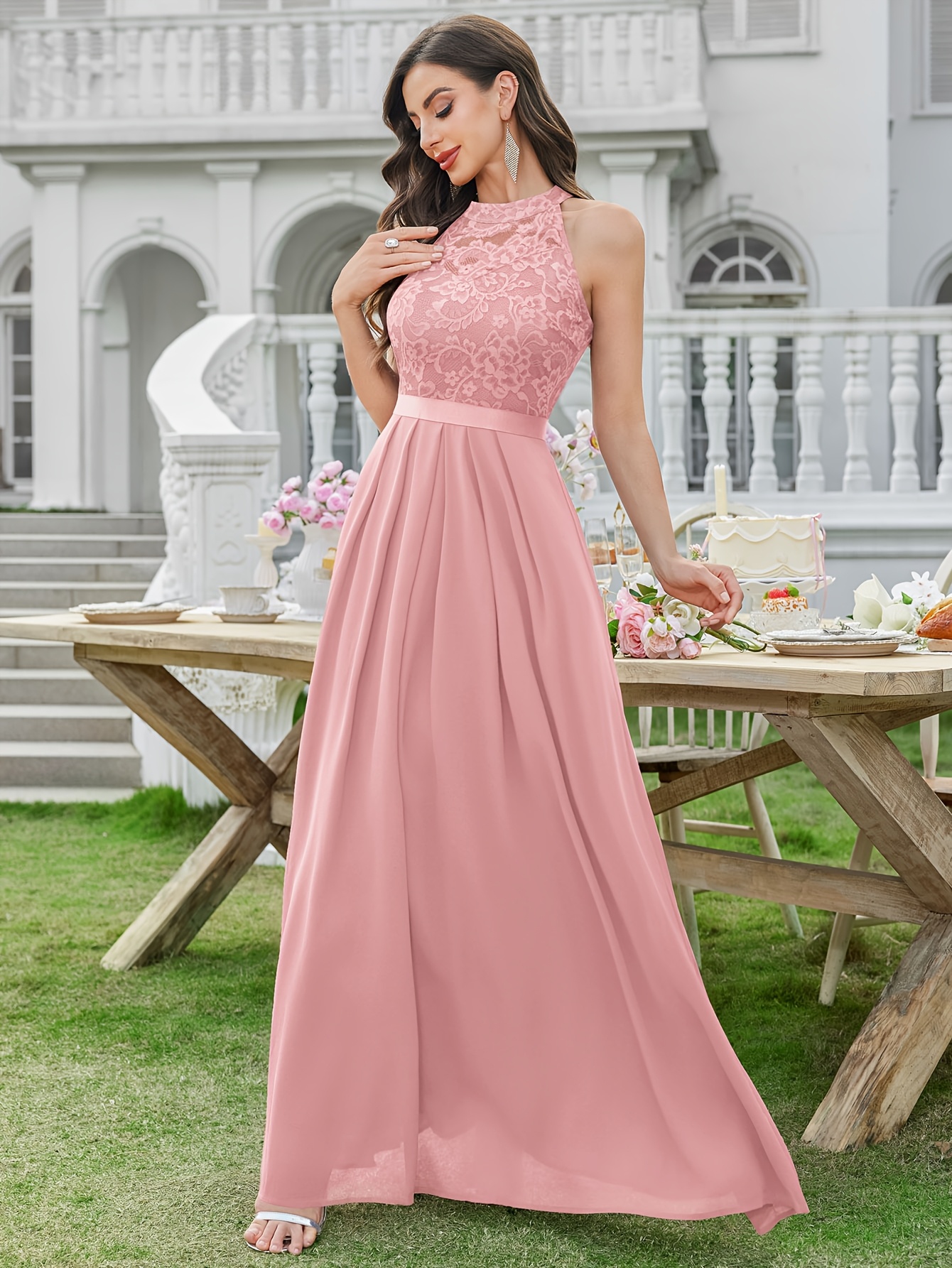 womens elegant lace halter neck sleeveless chiffon wedding