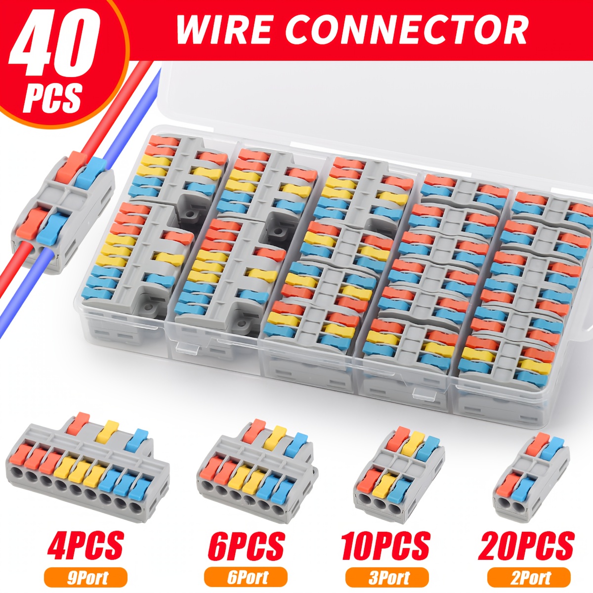 TEMU 40 pezzi/6 pezzi Connettori per cavi, connettori per cavi a leva (28-12 AWG), connettori elettrici a pressione a 2/3/6/9 porte, schede terminali