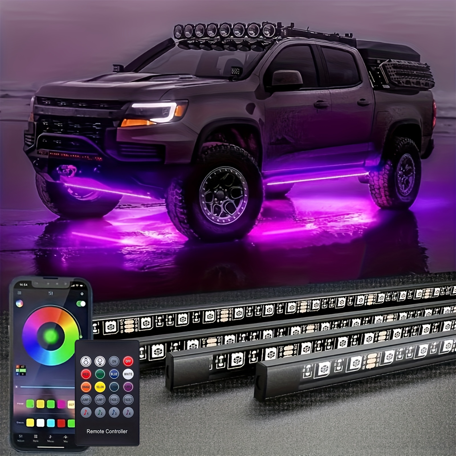 TEMU 4 In 1 Car Undercarriage Led Neon Light Kit, Exterior Car Led Light Strip With App Application And Rf Remote Control, 16 Million Colors, Control