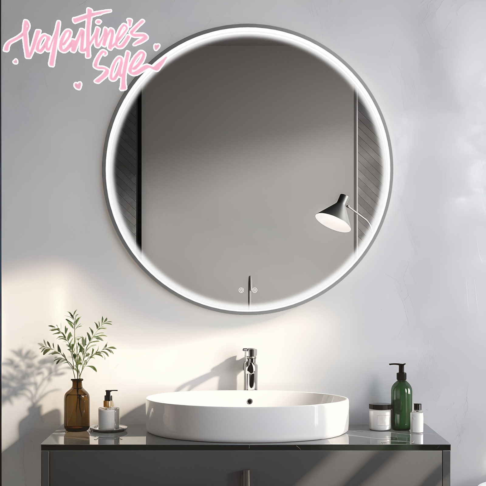 

Round Bathroom Mirror With Lighting, 60cm With Touch Switch, Cob Light Strip, , 3 Light Colors Dimmable, 6500k