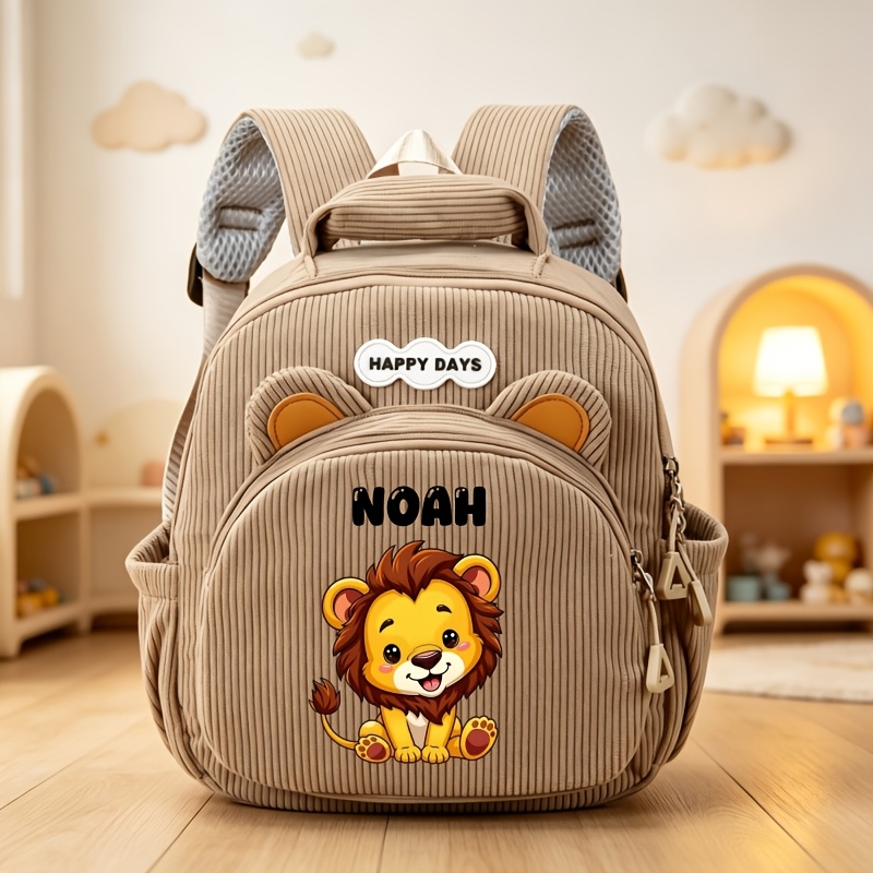 TEMU Personalized Fashion Mini Casual Backpack, Customizable Name, Text, Or Number, With Cute Cartoon Lion Print. Durable Corduroy Material, Options,