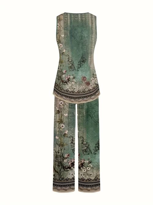 sleeveless summer floral print two piece set womens casual vest and pants set