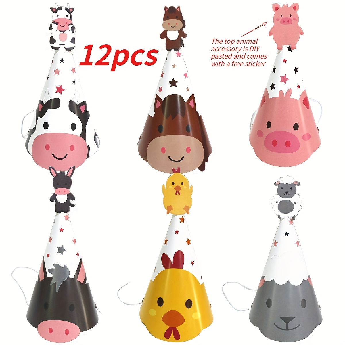 Set Of 12 Party Hats Featuring Farm Animals, Perfect For Birthday Celebrations, Festive Occasions, And Themed Events
