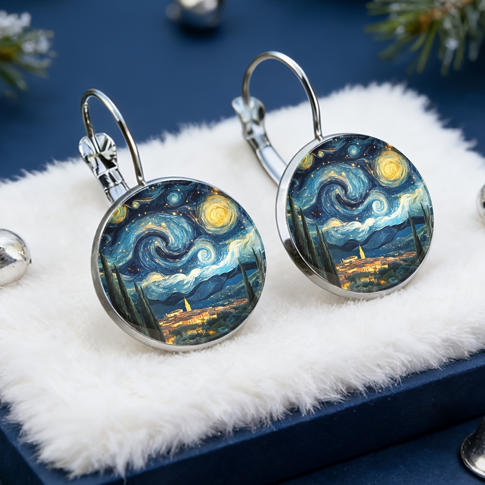 TEMU Starry Sky Ancient Town French Earrings, Alloy Material, Glass Inlaid, Women's Fashion Gifts, Suitable For Daily Wear With Exquisite Earrings. A