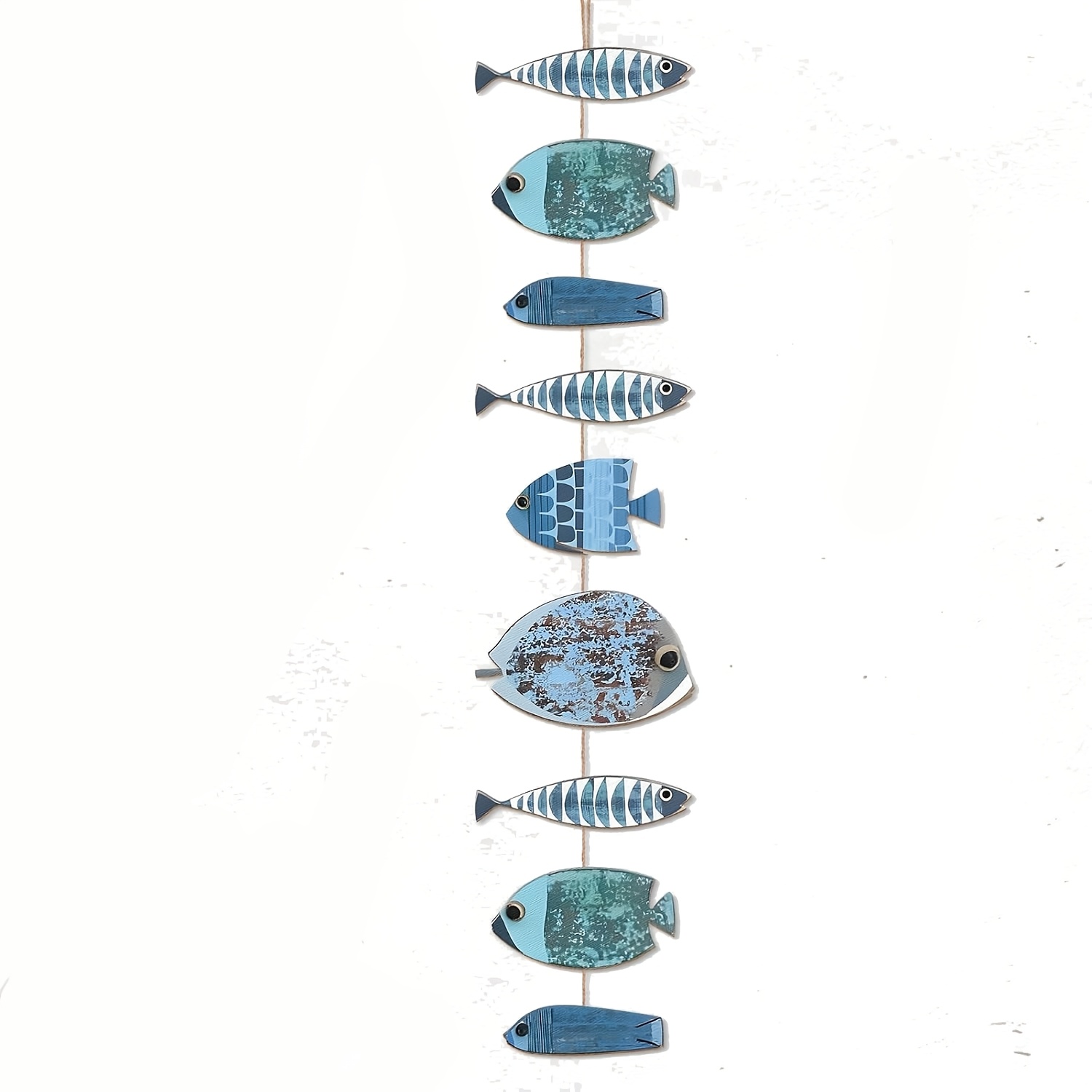 TEMU 2d Flat, 9pcs Full Jute Rope Link 9pcs Different Shapes 2d Wooden Small Fish Hanging Pieces, Light And Dark Blue Color Matching, With Mottled