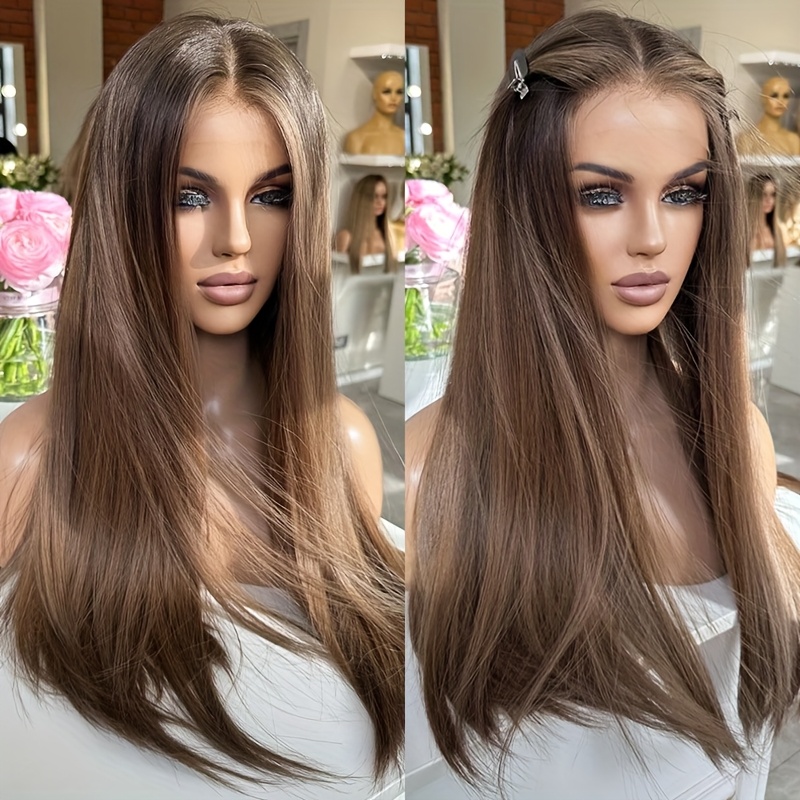 TEMU in capelli sintetici da 24" resistente al calore, lunghezza 24", frontale in pizzo sintetico liscia da 24" per donne - Marrone 13x4 frontale in