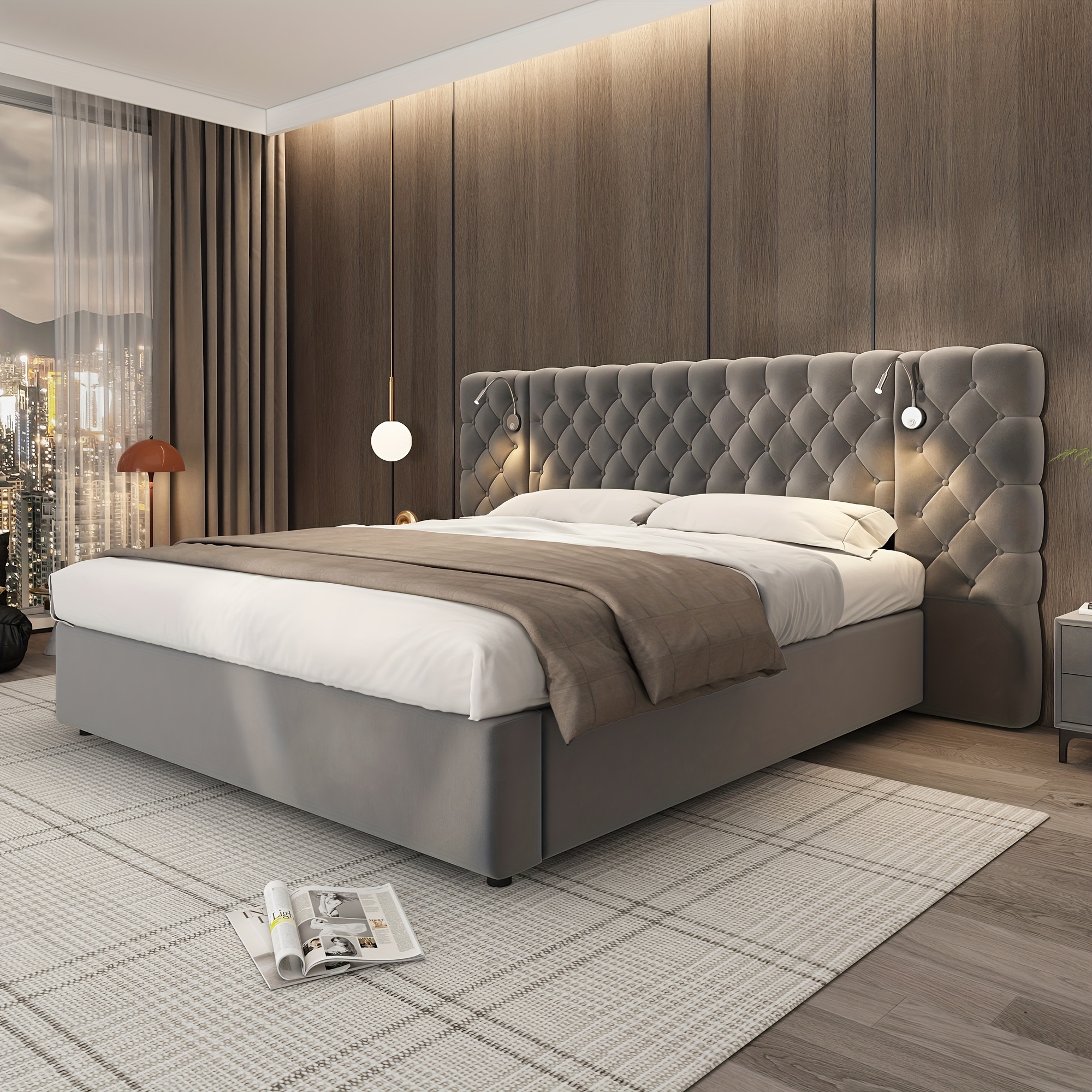 TEMU Storage Bed, Double Bed, Soft And Wide Headboard, With Storage Function, Gray (mattress Not Included).