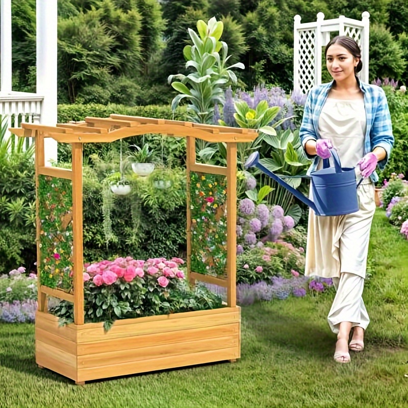

Yarsca Raised Garden Bed With Trellis, Weather Resistant Solid Wood Planter Box For Climbing Plants, Elevated Garden Bed Hanging Plants For Yard, Garden, Balcony