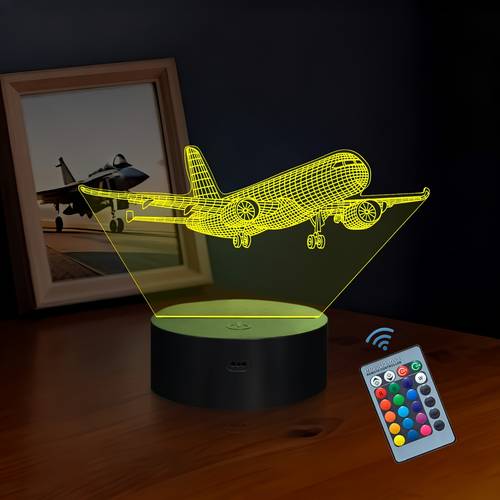 1pc plug 16 color changing 3d night desktop and bedroom ambient lamp novelty room decorative gift night light airplane 3d illusion night gift for airplane lovers on birthday christmas
