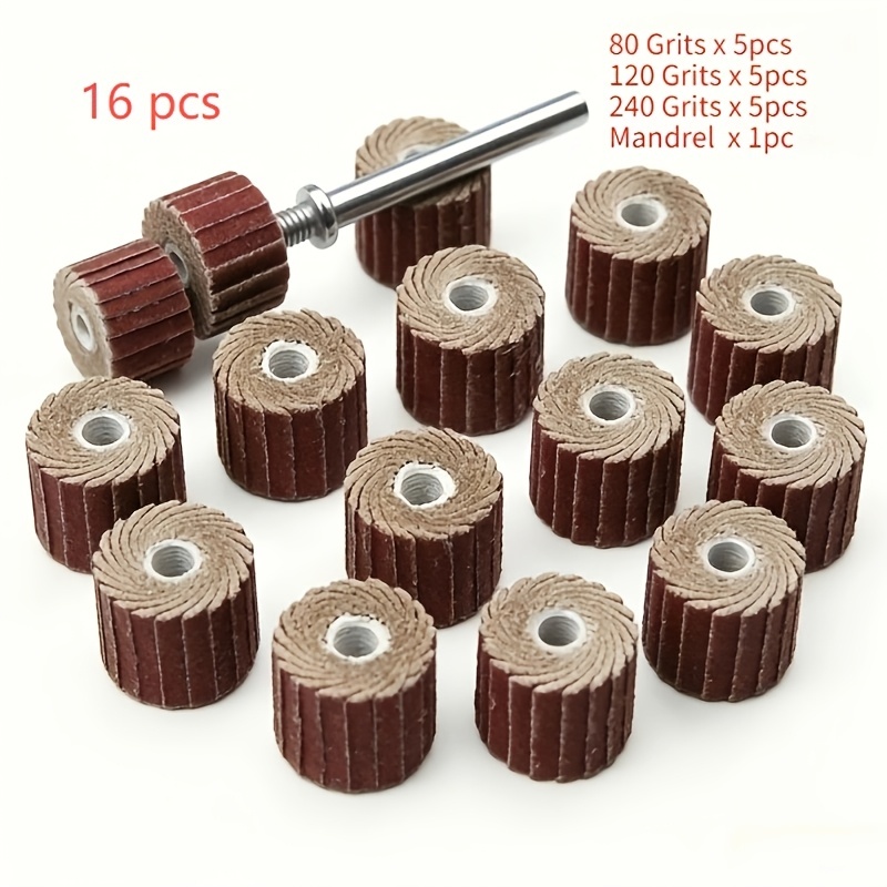 TEMU Jeu de 16 meules - 15 têtes de (grain 80/120/240, 5 de chaque) + arbre de 3 mm, pour le polissage et l'ébarbage du métal