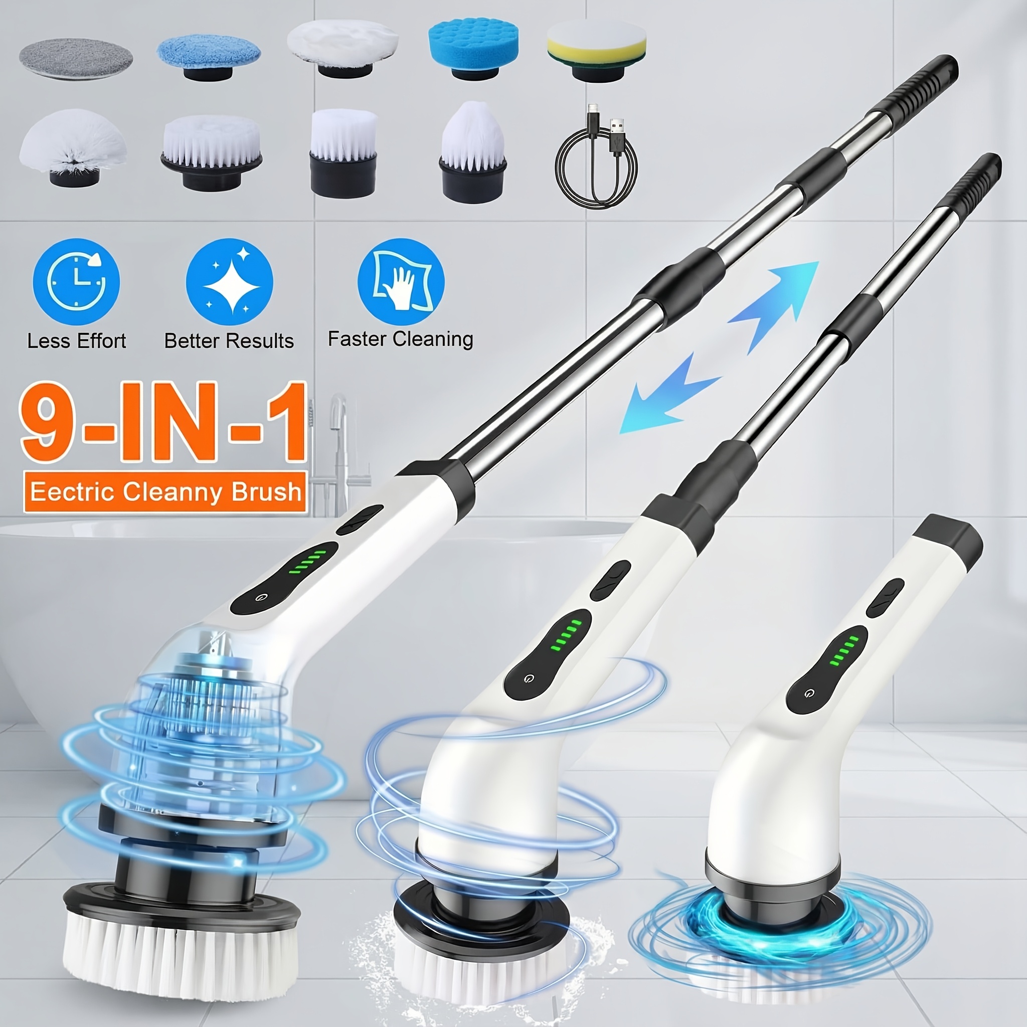 TEMU 2026 Electric Rotary Cleaner, Regulated Wireless Washing Machine, Removable Handle With 9/3 Replacement Brush Heads, Suitable For Floors,