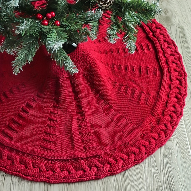 

Festive Red Knitted Christmas Tree Skirt With Tassel Closure - Perfect For Holiday Decor