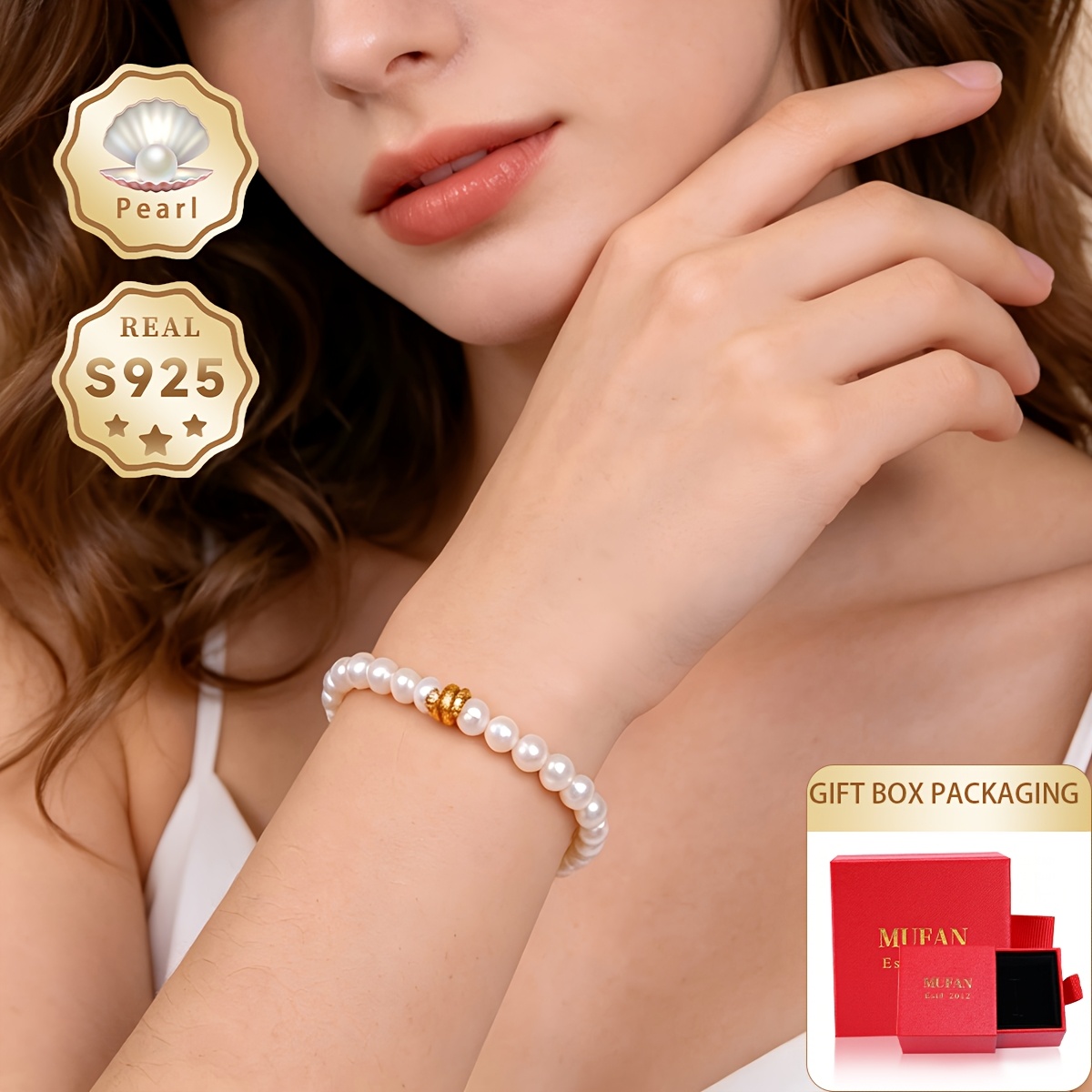Women's S925 Silver Freshwater Pearls Bracelet, Gift Box Packaging