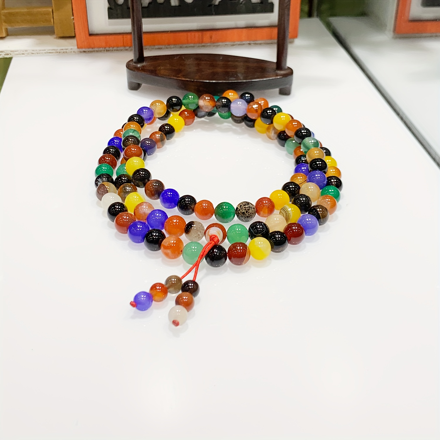 108pcs 8mm Agate Bead Bracelet Multicolor Gemstone Jewelry with Tassel