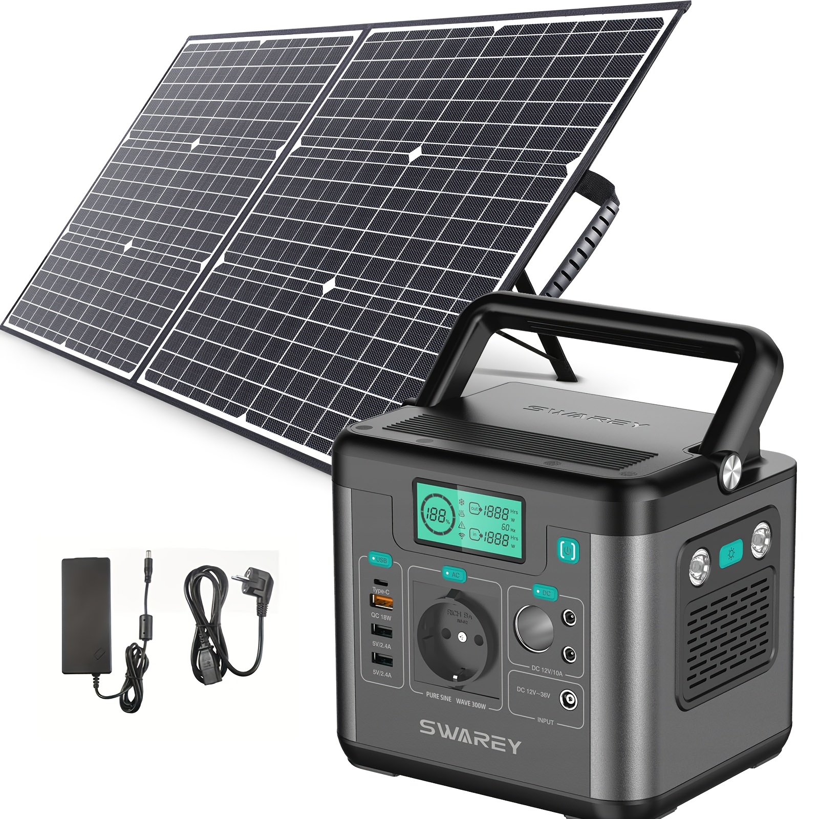 Image of Swarey Portable Power Station With 100w Solar Panel, Power Bank 222wh Lithium Battery Solar Generator With 300w Ac Outlet, Usb-c Pd 65w, Power Generator For Camping Travel Fishing Rv Laptop Smartphone
