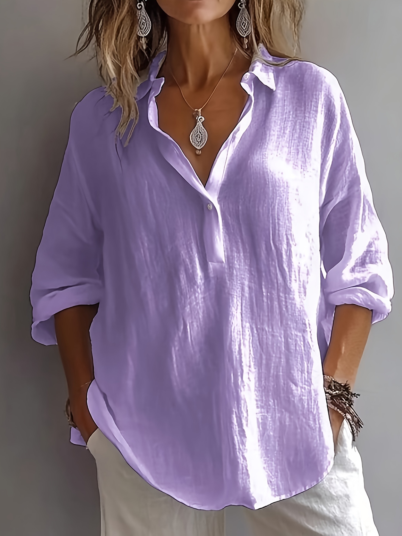 plus size new stunningly elegant versatile plus size womens shirt with half open collar and long sleeves