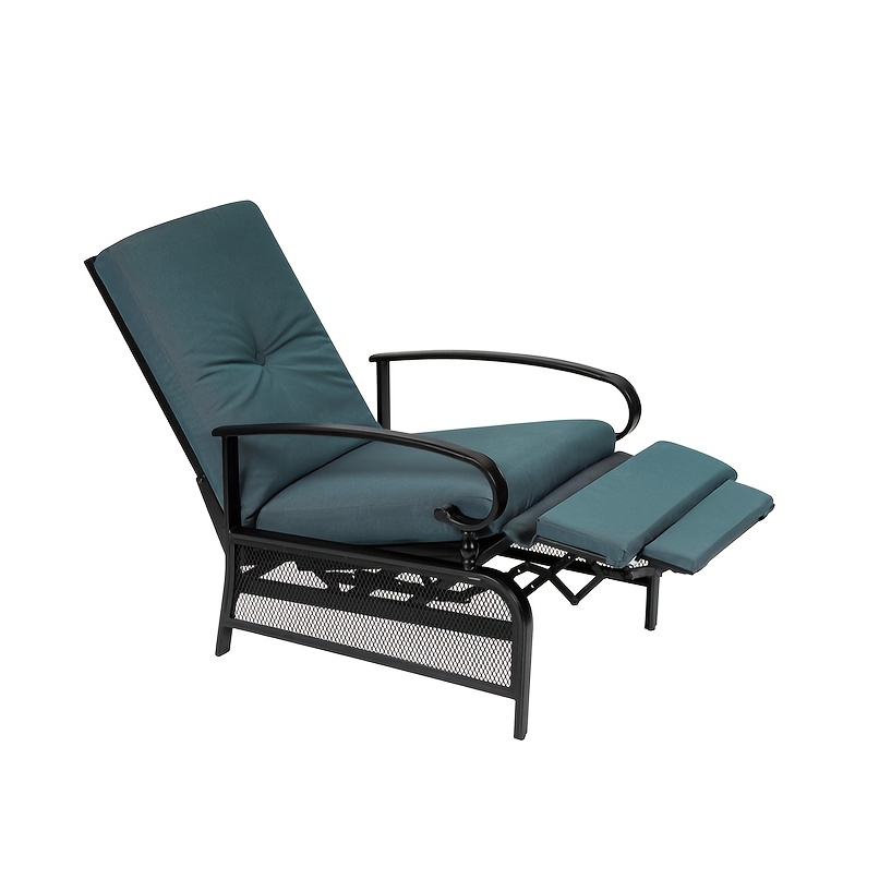 Patio Adjustable Lounge Chair, Waterproof Metal Chaise Longue With Blue Cushions, Perfect For Porch, Backyard, Pool Or Garden