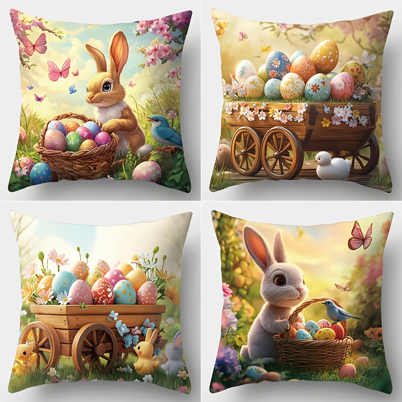 

4pcs Easter Bunny And Eggs Pillow Covers, Contemporary Style, 17.7x17.7 Inch, Machine Washable, Zippered Polyester Decorative Cushion Cases For Living Room Sofa - Woven (pillow Inserts Not Included)