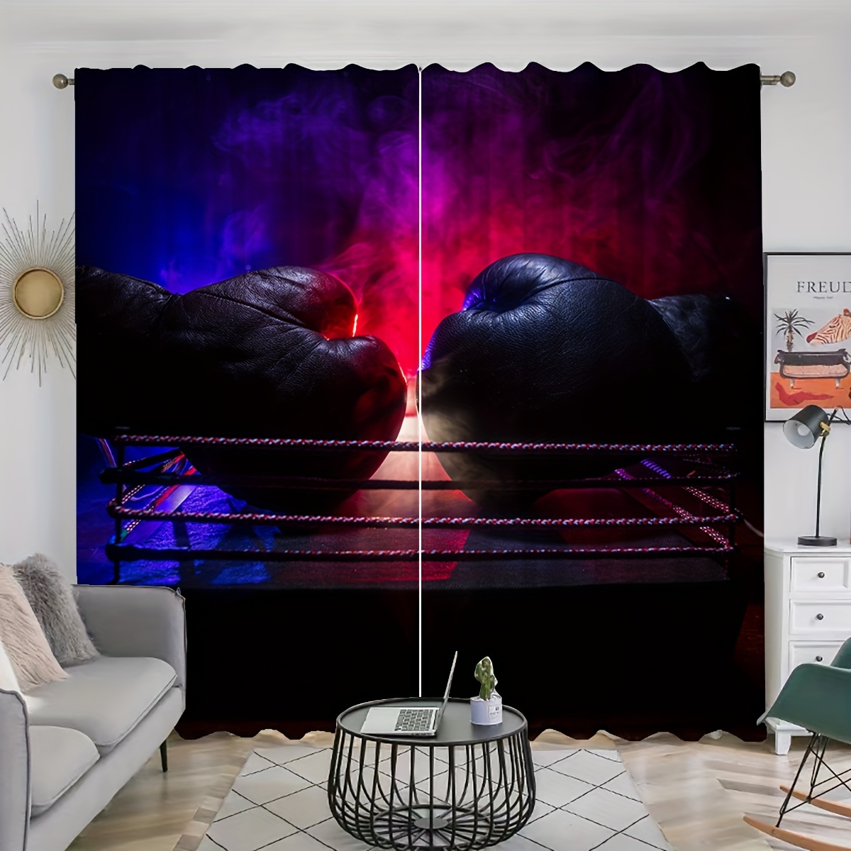 

Boxing Ring Pattern Printed Curtains, Set Of 2, Rod Pocket, Sports Theme, Semi-sheer Drapes For Living Room, Bedroom, Office, Polyester, Machine Washable, All-season Decorative Panels