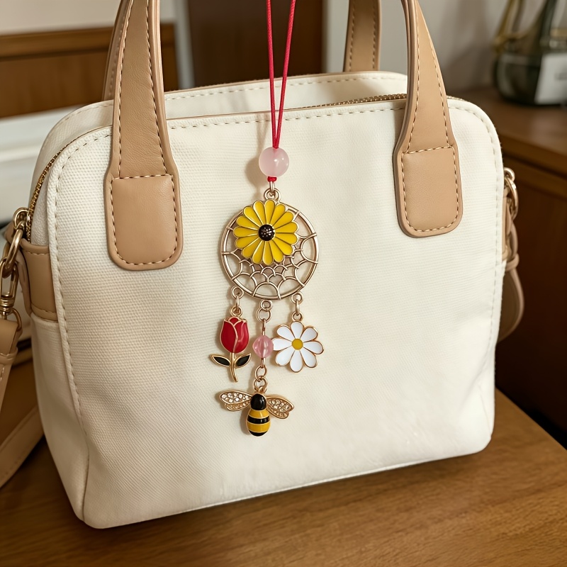 TEMU Bee And Sunflower Dreamcatcher Pendant - Dual-use Car & Bag Charm Suitable For Vehicles, Bags, - Bee-themed Hanging Ornament With Bee &