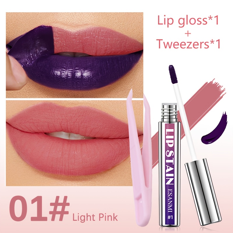 Image of [2pcs] [lip Gloss And Tweezers] -off Lip Gloss, Long-lasting Waterproof Lip Stain, Cup And Non-fading, Pigmented Velvet Matte/glossy End, Moisturizing Non-sticky, Easy To Apply And Tear Off, Types