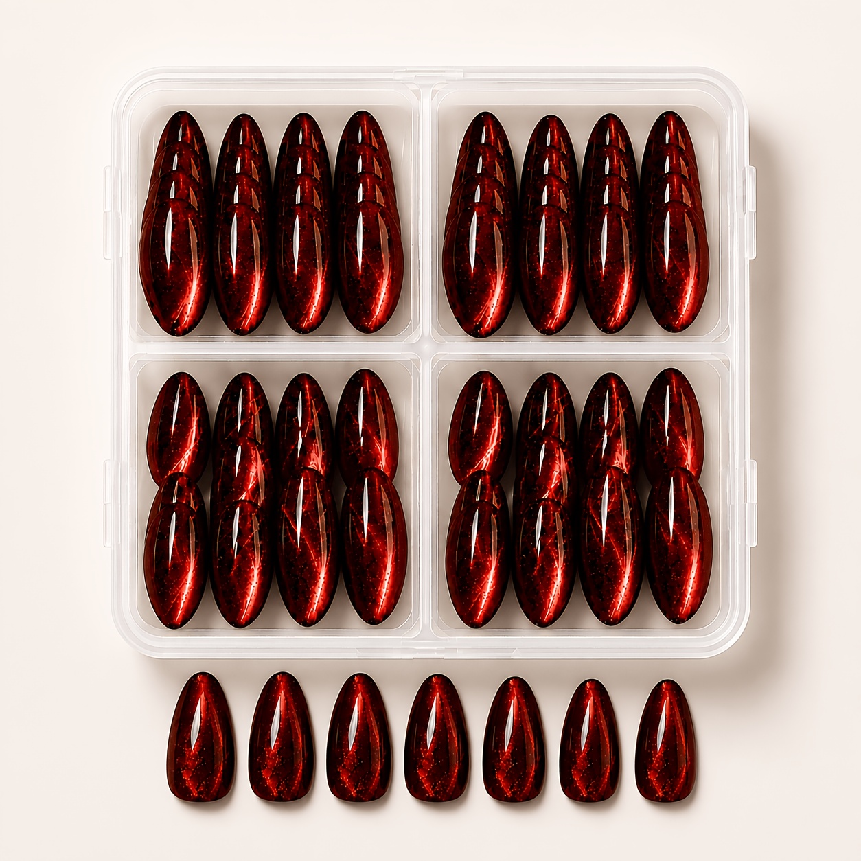 TEMU 120pcs Red Cat Eye Press-on Nails Suitable For Party & Holiday Nail Art - Almond Shape Medium-length False Nails With Glossy , Suitable For