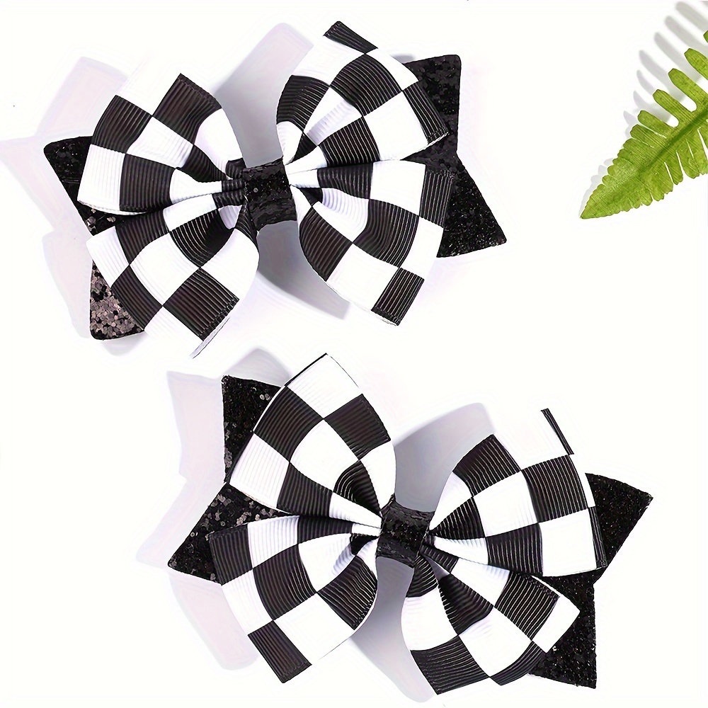 

2pcs Sparkling Black & White Bow Hair Clips For Girls - Cute Sequin Checkered Barrettes, Perfect Gift For Birthdays & Holidays