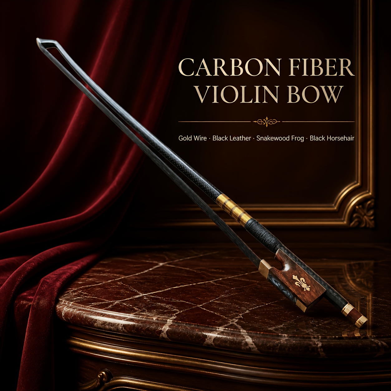 Image of 4/4 Carbon Fiber Violin Bow Snakewood Frog Hair Golden Winding For Professional Performance