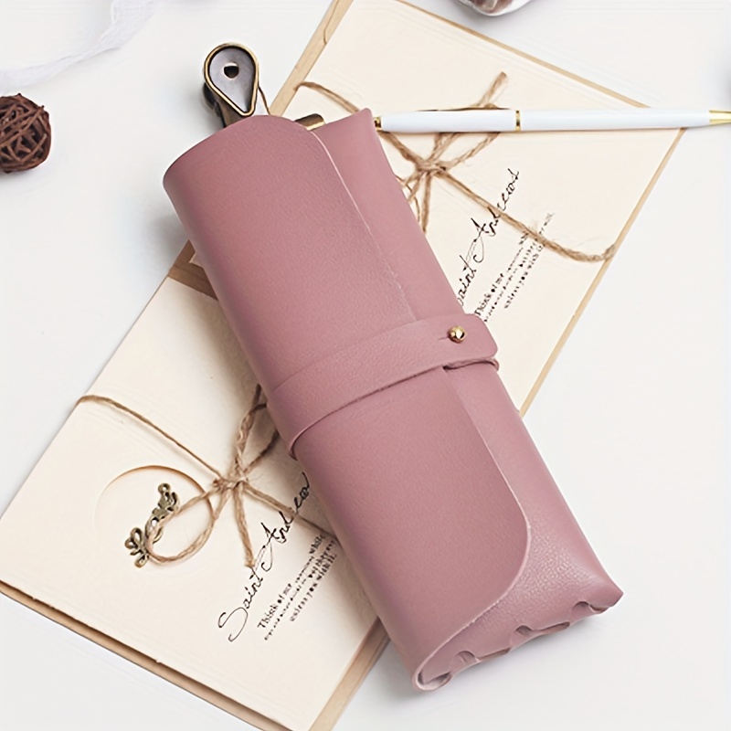 1pc leather pencil case premium simple portable stationery organizer elegant pen pouch multi functional cosmetic bag details 4