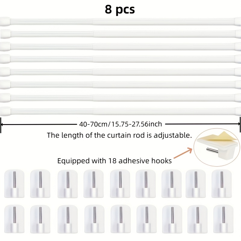 8pcs (40-70cm)extendable Metal Curtain Rod, No Drilling Adjustable Curtain Rod No Drilling For Home And Adhesive Curtain Hooks, White & Black, Sturdy