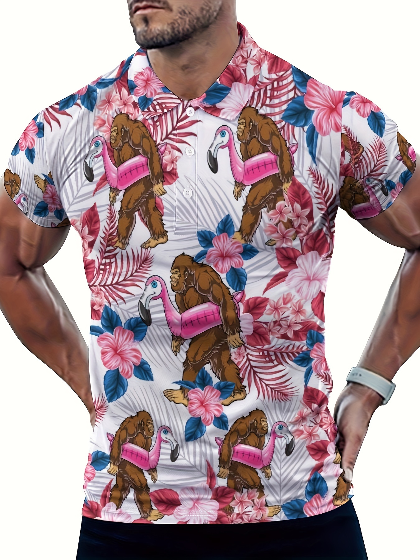 Plus Size Men's Flamingo & Gorilla Graphic Print Shirt for Summer, Fashion Casual Short Sleeve Shirt for Holiday, Hawaiian Style Tops,Casual,Temu