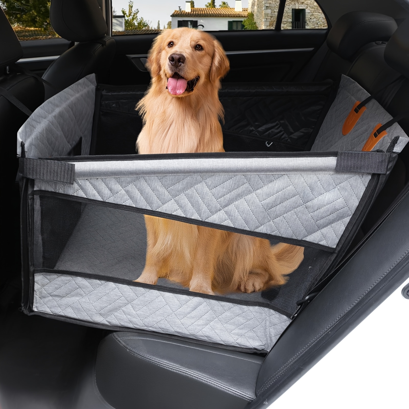 TEMU Jaula para perro de coche para asiento trasero individual con base endurecida y tapete de cesta de malla para perro