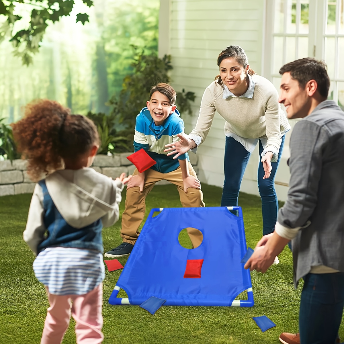 A Game Set Featuring 6 Bean Bags And a Cornhole Board - Suitable for Portable Indoor And Outdoor Entertainment for Ages 14 And Up - Made with Durable Polyester Fabric.