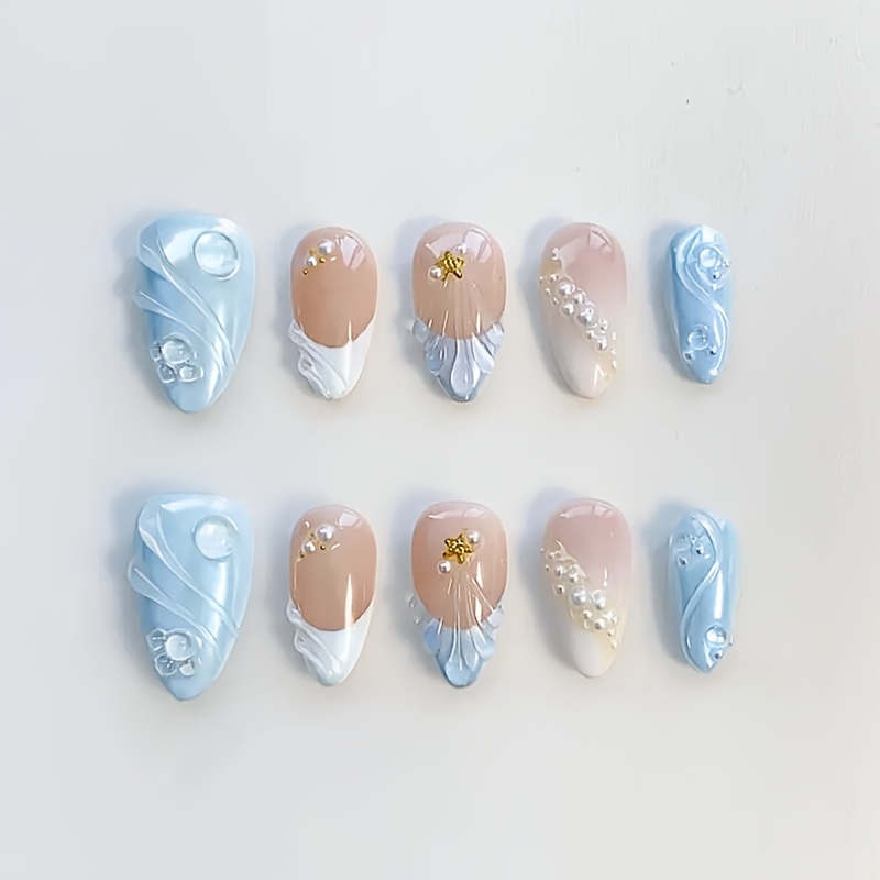 TEMU 10pcs Medium Almond Press On Nails, Ocean Wave Shell Starfish Glossy Full Cover Fake Nails, Style Nail Tips Press On Nails Reusable Fake Nails