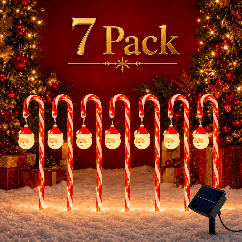 TEMU 7/11pcs Solar Candy Cane Pathway Stake Lights With Hanging Santa Claus Ornaments, Warm Led, Ipx5 Outdoor Christmas Scene Decor For Yard Lawn