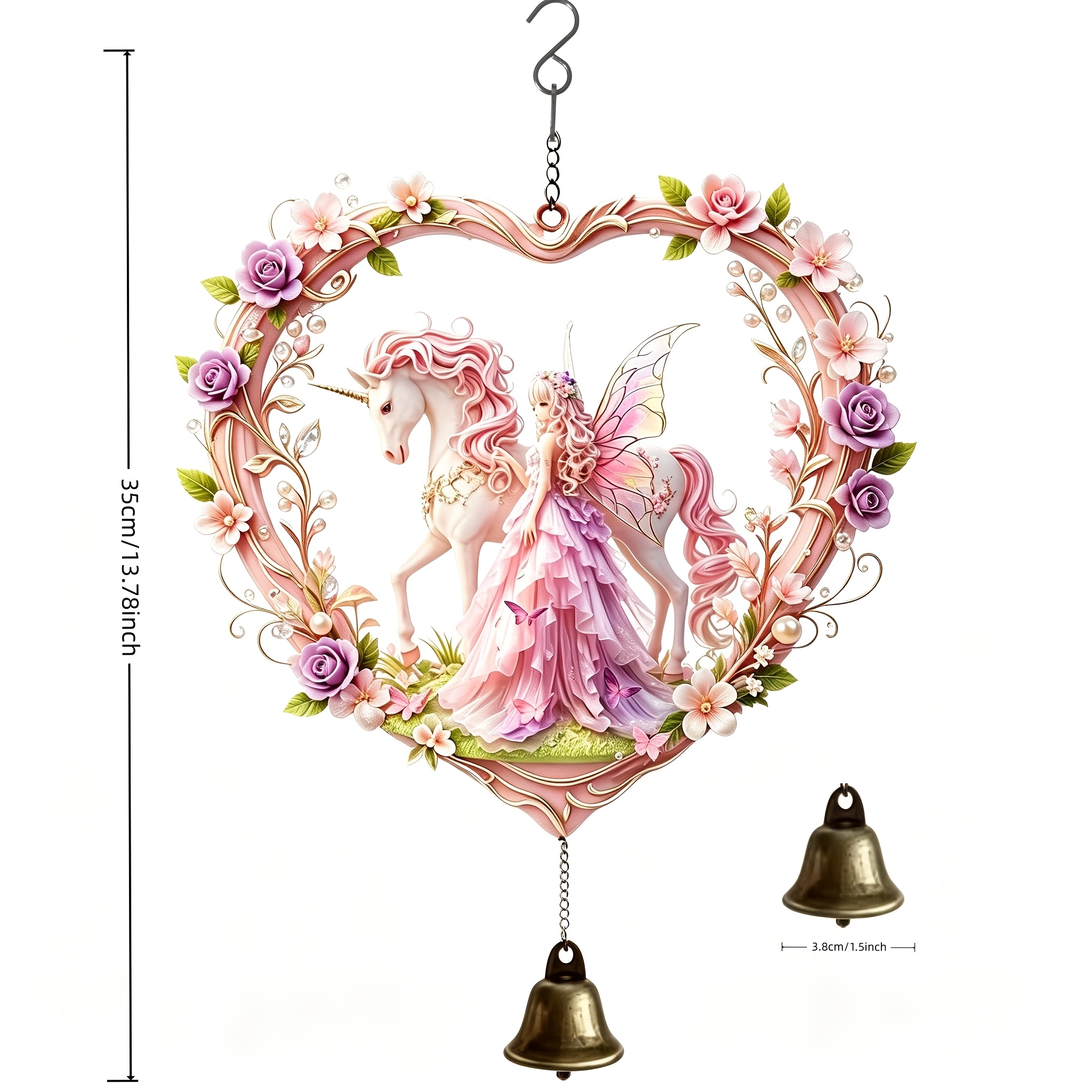 TEMU Carved Heart Flower Frame Fairy Unicorn Wind Chime Pendant, Suitable For Indoor Windowsills, , And Outdoor Gardens, Swinging With Low And ;