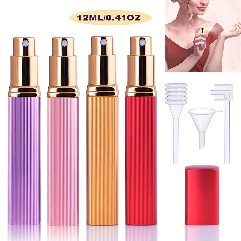 4pcs 12ml Reusable Aluminum Alloy Fine Mist Perfume Atomizer Spray Bottle With Dispenser Tools For Outing Travel Fitness And